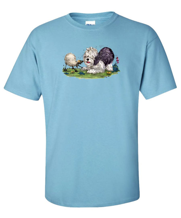 Old English Sheepdog - With Sheep - Caricature - T-Shirt