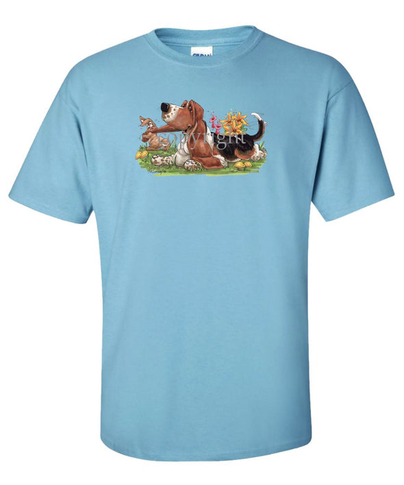 Basset Hound Rabbit Pulling Ear Caricature T-Shirt