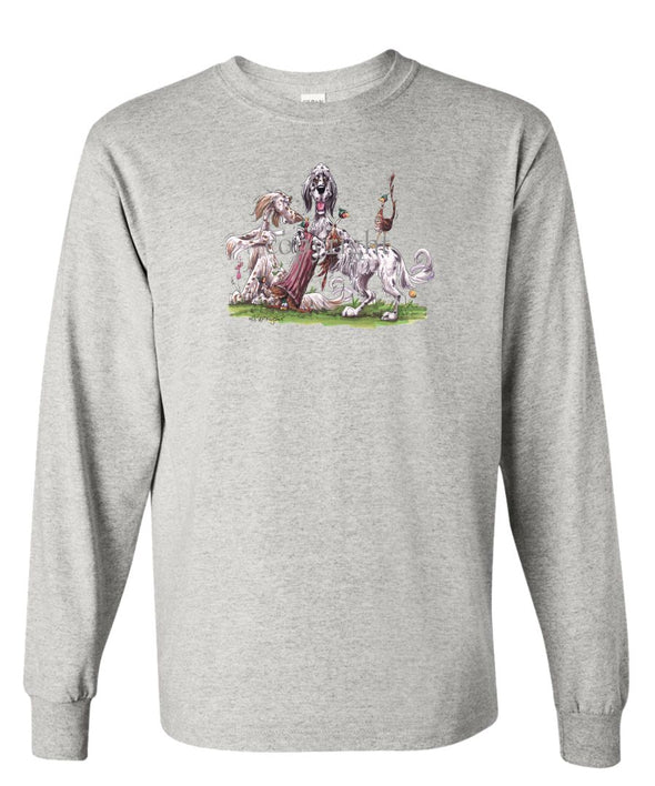 English Setter - Group Hollow Log And Pheasants - Caricature - Long Sleeve T-Shirt