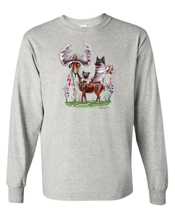 Norwegian Elkhound - Sitting On Moose - Caricature - Long Sleeve T-Shirt