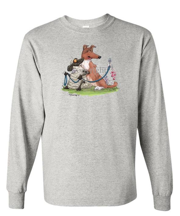 Collie  Smooth - Hugging Sheep With Leash - Caricature - Long Sleeve T-Shirt