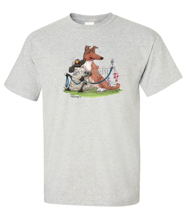 Collie  Smooth - Hugging Sheep With Leash - Caricature - T-Shirt