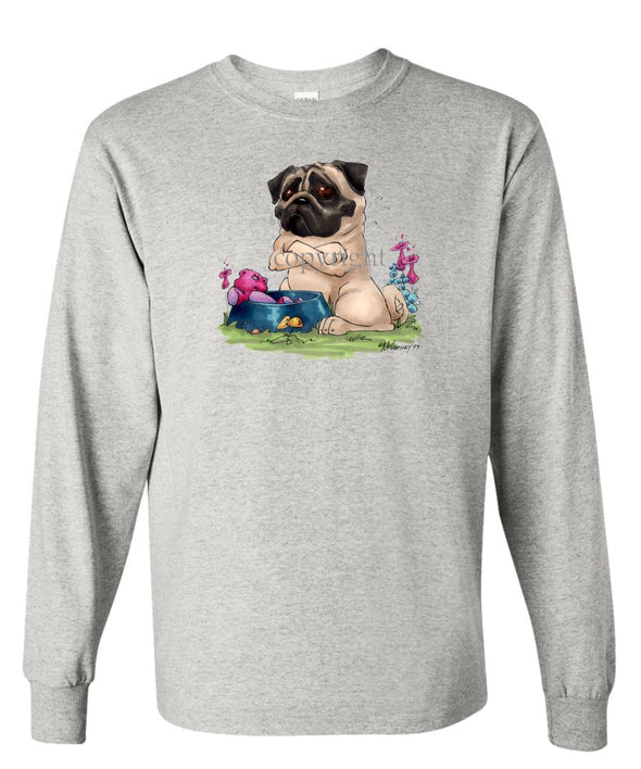 Pug - Sitting By Food Dish - Caricature - Long Sleeve T-Shirt