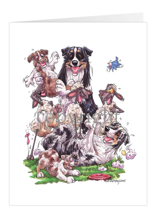 Australian Shepherd - Group Sheep And Puppies - Caricature - Card