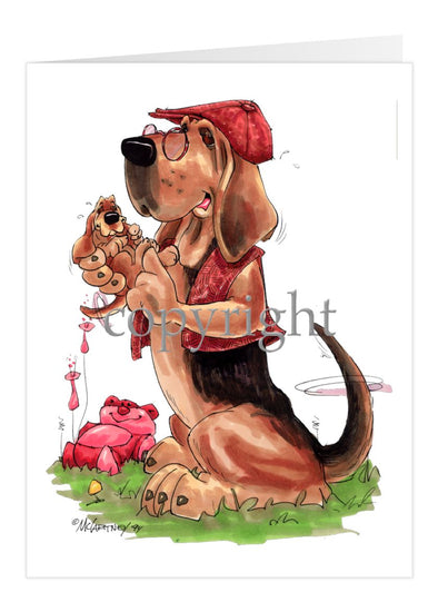 Bloodhound - With-Puppy - Caricature - Card