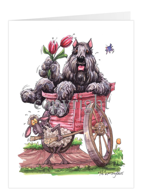 Bouvier Des Flandres - Sitting In Wooden Cart - Caricature - Card