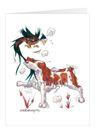 Brittany - Grabbing Pheasants Tail - Caricature - Card
