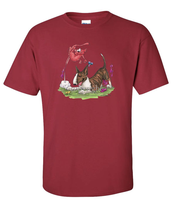 Bull Terrier  Brindle - Chasing Cat - Caricature - T-Shirt