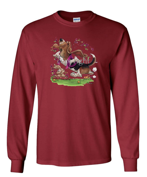 Basset Hound - Purple Vest Dancing In Flowers - Caricature - Long Sleeve T-Shirt