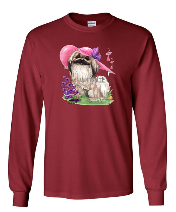 Pekingese - Pink Hat - Caricature - Long Sleeve T-Shirt