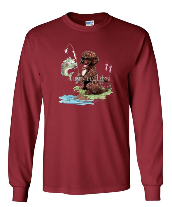 Portuguese Water Dog  Brown - Fishing - Caricature - Long Sleeve T-Shirt