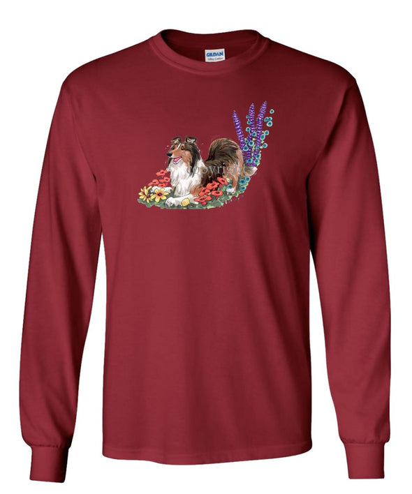 Shetland Sheepdog - Flowers Puppy Pose - Caricature - Long Sleeve T-Shirt