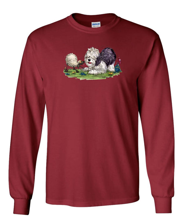 Old English Sheepdog - With Sheep - Caricature - Long Sleeve T-Shirt