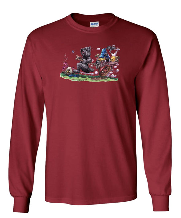 Bouvier Des Flandres - Pulling Cart With Puppies - Caricature - Long Sleeve T-Shirt