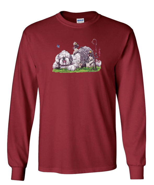 Old English Sheepdog - Laying Down With Sheep - Caricature - Long Sleeve T-Shirt