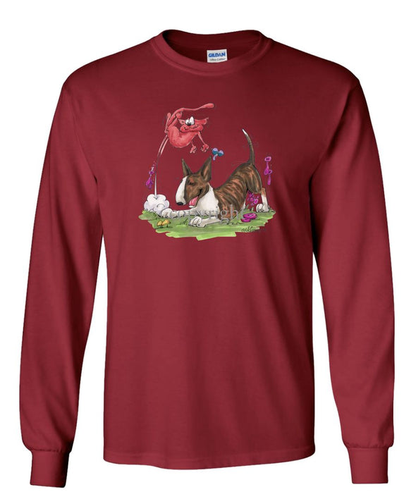 Bull Terrier  Brindle - Chasing Cat - Caricature - Long Sleeve T-Shirt