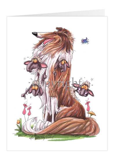 Collie - Sitting With Sheep In Fur - Caricature - Card