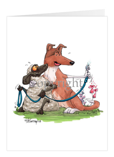 Collie Smooth - Hugging Sheep With Leash - Caricature - Card