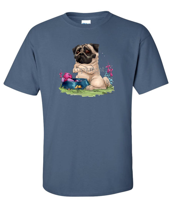 Pug - Sitting By Food Dish - Caricature - T-Shirt