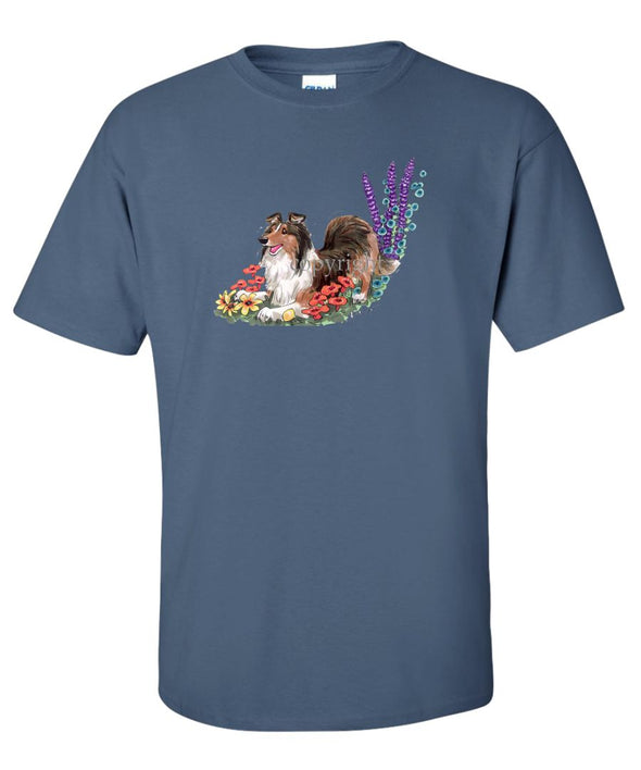 Shetland Sheepdog - Flowers Puppy Pose - Caricature - T-Shirt