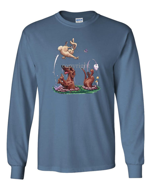 Dachshund  Smooth - Chasing Rabbit Out Of Hole - Caricature - Long Sleeve T-Shirt