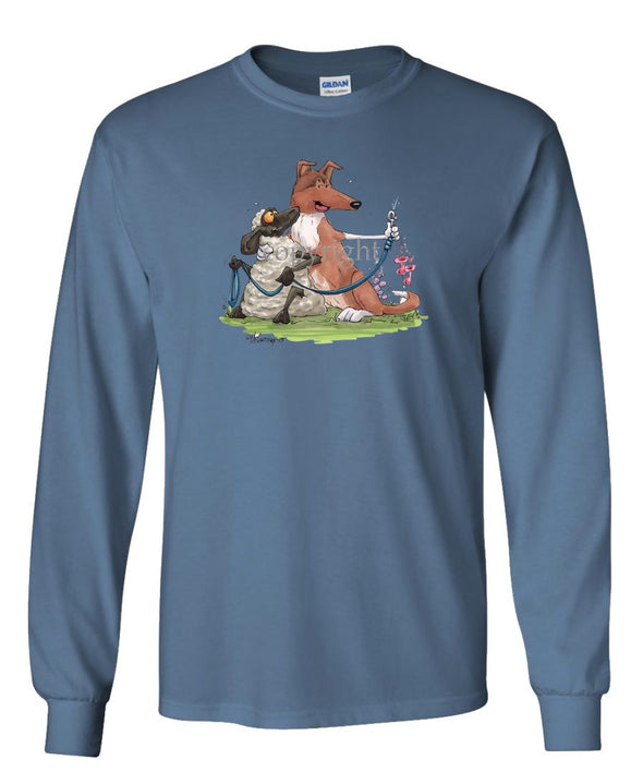 Collie  Smooth - Hugging Sheep With Leash - Caricature - Long Sleeve T-Shirt