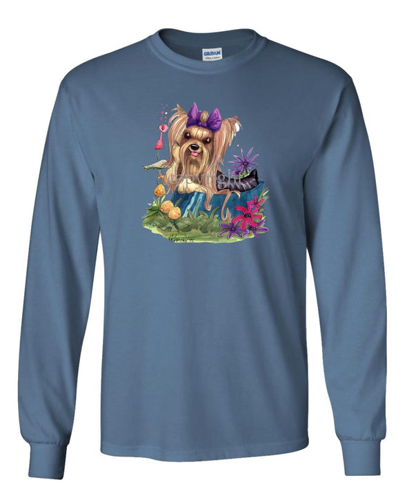 Yorkshire Terrier - In Dish Purple Ribbon - Caricature - Long Sleeve T-Shirt