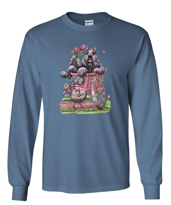 Bouvier Des Flandres - Sitting In Wooden Cart - Caricature - Long Sleeve T-Shirt