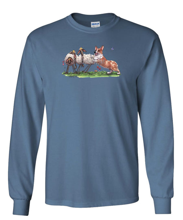 Welsh Corgi Pembroke - Herding Sheep - Caricature - Long Sleeve T-Shirt