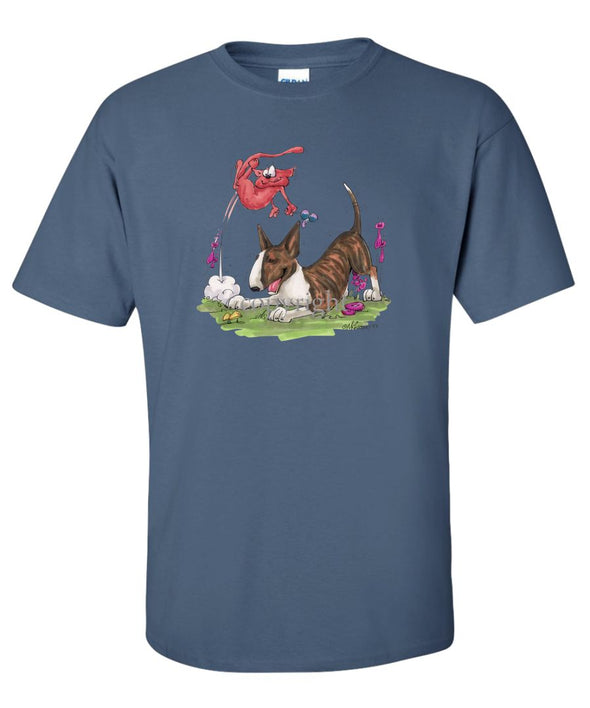 Bull Terrier  Brindle - Chasing Cat - Caricature - T-Shirt