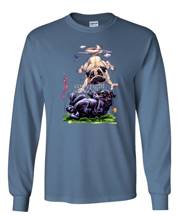 Pug - Group Fawn Black Playing - Caricature - Long Sleeve T-Shirt