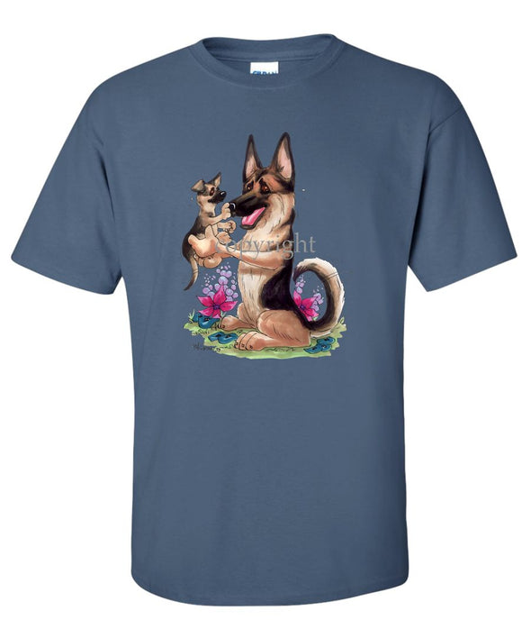 German Shepherd - Holding Puppy - Caricature - T-Shirt