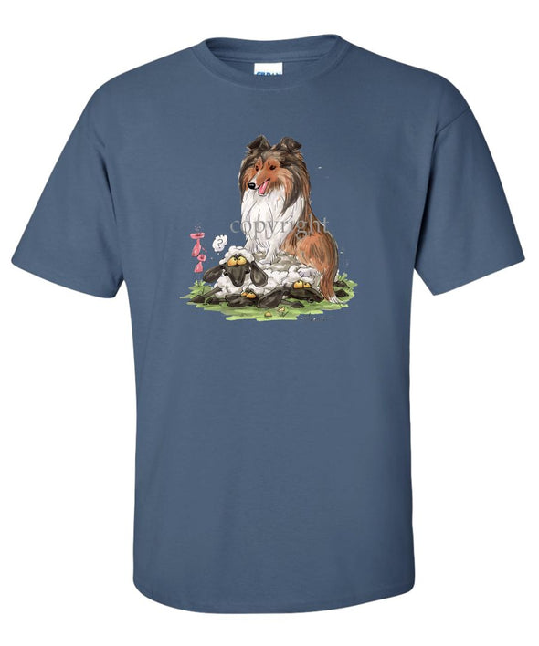 Shetland Sheepdog - Sitting On Sheep - Caricature - T-Shirt