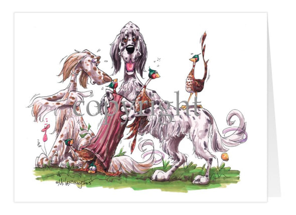 English Setter - Group Hollow Log And Pheasants - Caricature - Card