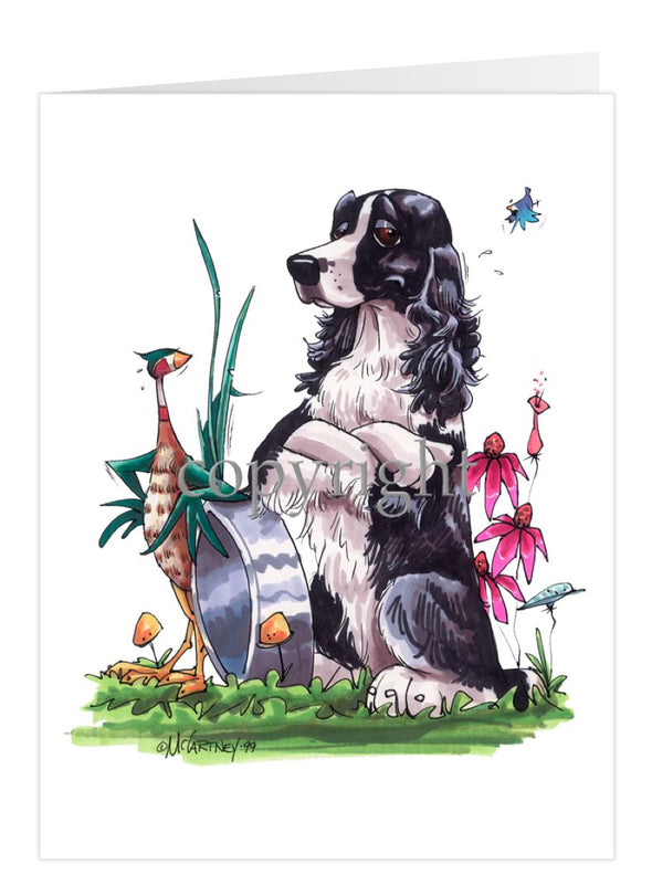 English Springer Spaniel - Sitting By Bowl With Pheasant - Caricature - Card