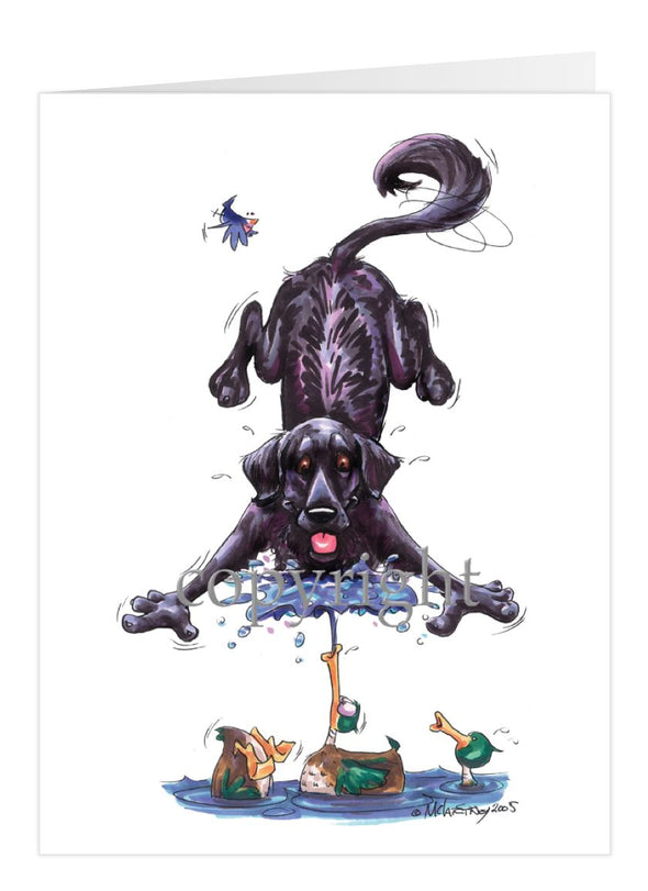 Flat Coated Retriever - Duck Squirting Water - Caricature - Card