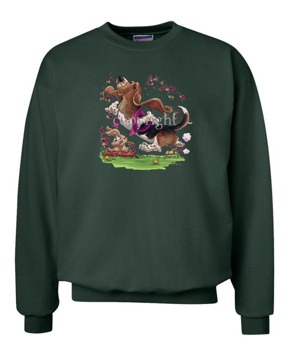 Basset Hound - Purple Vest Dancing In Flowers - Caricature - Sweatshirt
