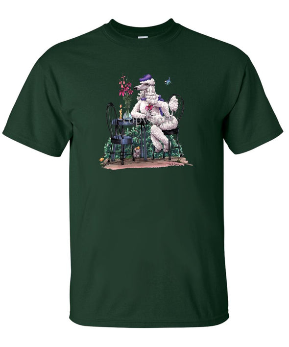 Poodle  White - Sitting At Table - Caricature - T-Shirt