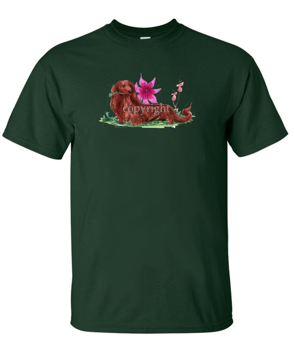 Dachshund  Longhaired - With Flower - Caricature - T-Shirt