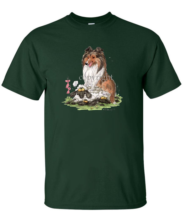 Shetland Sheepdog - Sitting On Sheep - Caricature - T-Shirt