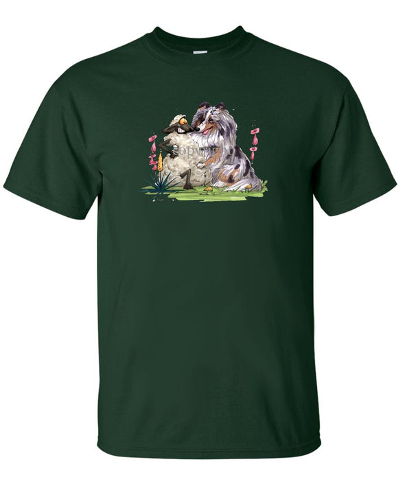 Shetland Sheepdog  Blue Merle - Hugging Sheep - Caricature - T-Shirt