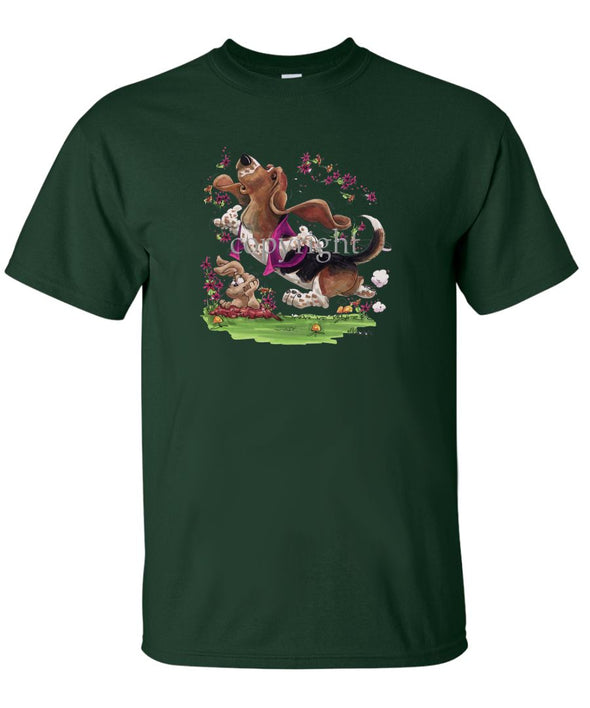 Basset Hound - Purple Vest Dancing In Flowers - Caricature - T-Shirt