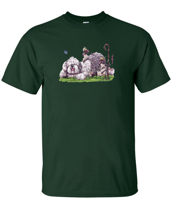 Old English Sheepdog - Laying Down With Sheep - Caricature - T-Shirt