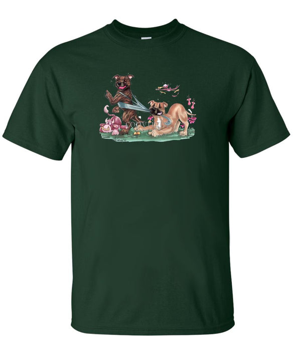 Staffordshire Bull Terrier - Group Tugging On Shirt - Caricature - T-Shirt