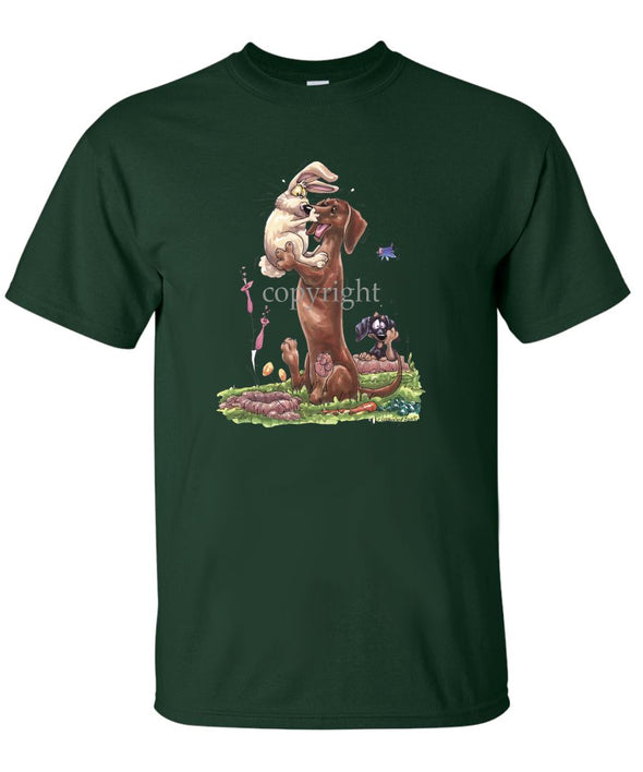 Dachshund  Smooth - Rabbit Kissing Nose - Caricature - T-Shirt