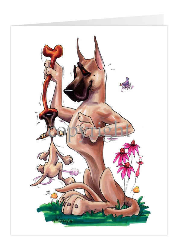 Great Dane - Puppy Hanging Onto Bone - Caricature - Card