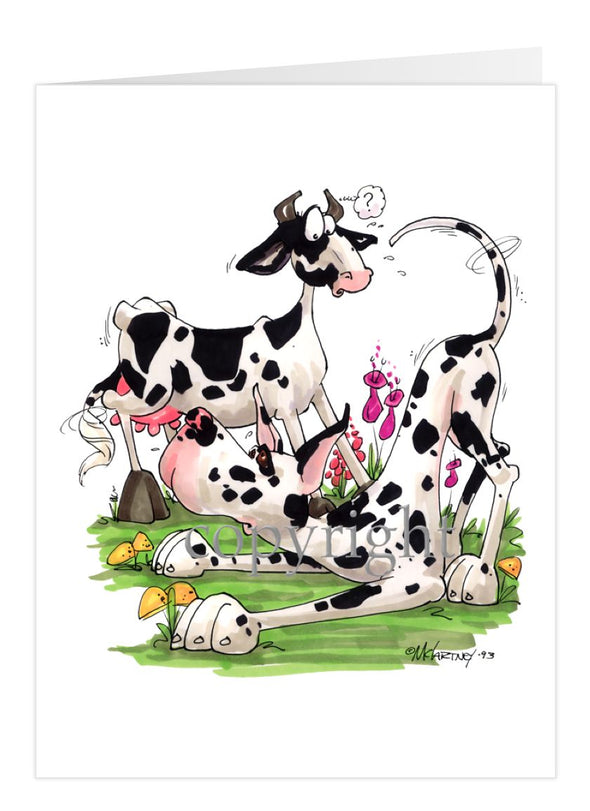 Great Dane Harlequin - With Cow - Caricature - Card