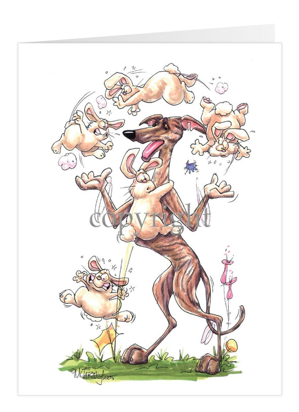 Greyhound - Juggling Rabbits - Caricature - Card
