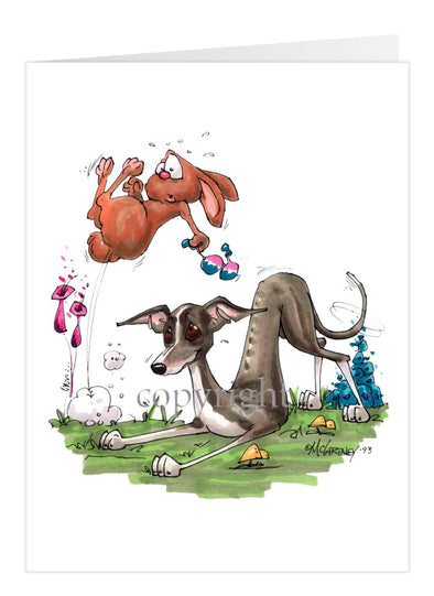 Italian Greyhound - Playing With Rabbit - Caricature - Card