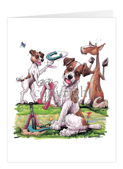 Jack Russell Terrier - Group Playing Horseshoes - Caricature - Card